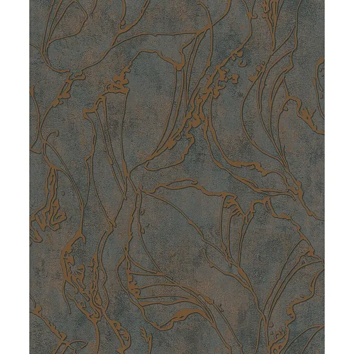 Marburg City Glow Vliestapete Grafik - Schwarz-Kupfer, Grafisch, 10,05 x 0,53 m - Strukturierte dunkelgraue Oberfläche mit organischen Bronzemustern.