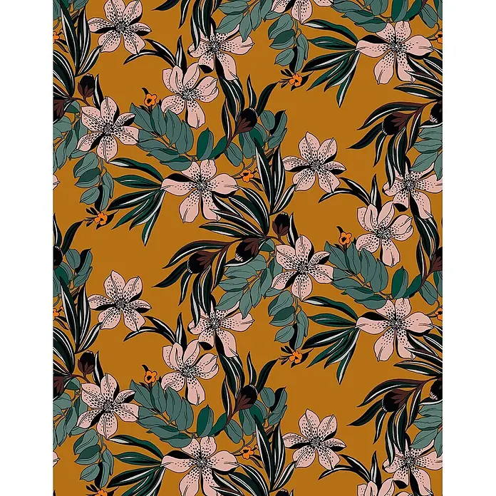 Marburg Smart Art Aspiration Fototapete Floral II - B x H: 212 x 270 cm, Vlies, Orange-Grün - Nahtloses Blumenmuster mit hellrosa Blüten, grünem Laub und braunen Knospen auf senfgelbem Hintergrund.