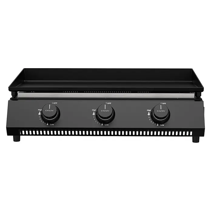Cozze Plancha-Grill G 700 - Grillfläche (B x T): 66,5 x 35 cm, Anzahl Brenner: 3 Stk., Schwarz - Schwarzer Drei-Flammen-Gasgrill mit flacher Platte und drei Bedienknöpfen.