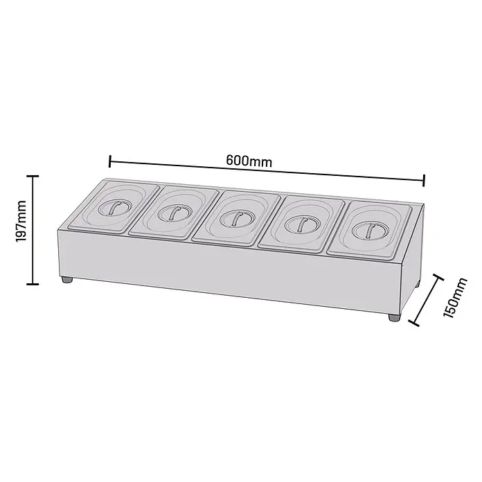 Cozze Toppingstation - Edelstahl, B x T x H: 60 x 20 x 15 cm - Edelstahl-Essensspender mit 5 Deckelbehältern, Maße 600x197x150mm.