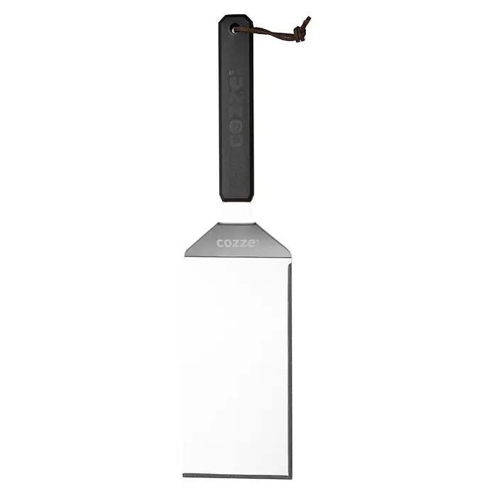 Cozze Grillgutwender - Länge: 42 cm, Edelstahl/Kunststoff - Edelstahl-Grillwender mit schwarzem Griff und braunem Lederband.