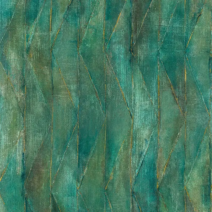 Marburg Smart Art Aspiration Fototapete Struktur - B x H: 212 x 270 cm, Vlies, Grün - Abstraktes geometrisches Muster in Grün- und Türkistönen mit goldenen Linien, das oxidiertem Metall ähnelt.