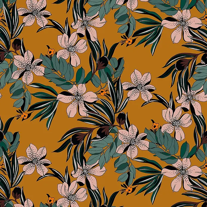 Marburg Smart Art Aspiration Fototapete Floral II - B x H: 212 x 270 cm, Vlies, Orange-Grün - Nahtloses Blumenmuster mit rosa Blüten, grünen Blättern und kleinen orangefarbenen Akzenten auf senfgelbem Hintergrund.