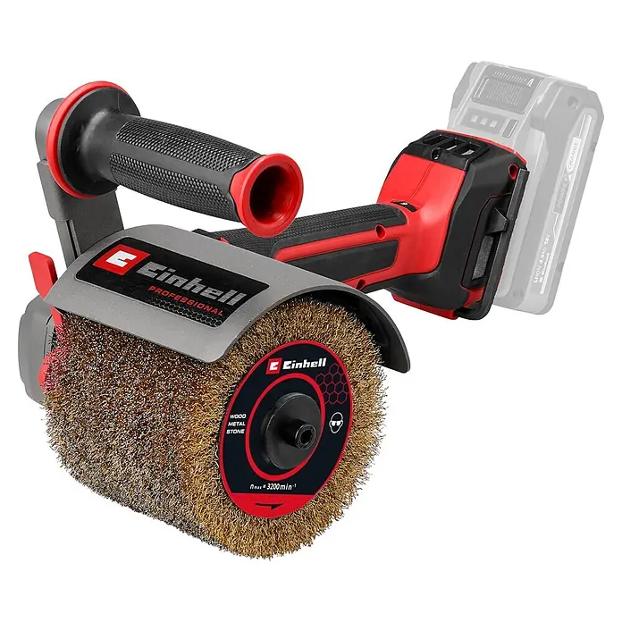Einhell Professional PXC 18V Akku-Bürstenschleifer TP-BR 18/32 Li BL - Solo - 18 V, Ohne Akku - Einhell Akku-Oberflächenbürste mit messingfarbener Drahtbürste, rotem und schwarzem Gehäuse, für Holz, Metall und Stein.
