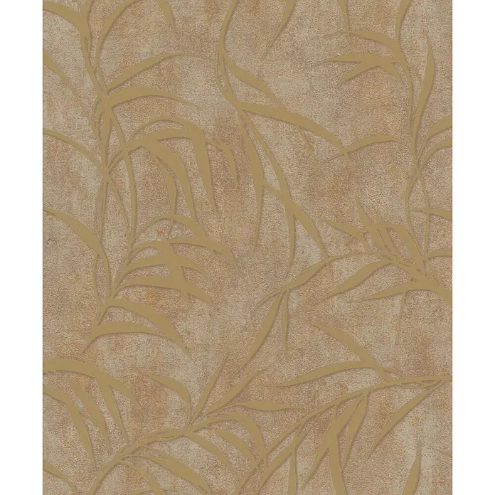 Marburg City Glow Vliestapete Uni II - Braun-Gold, Uni, 10,05 x 0,53 m - Braune strukturierte Tapete mit erhabenem goldenem Blattmuster.