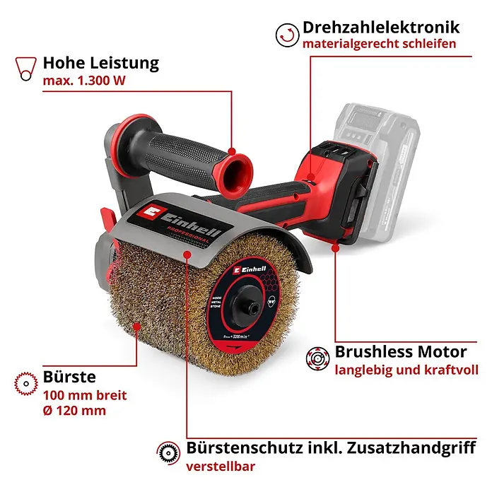 Einhell Professional PXC 18V Akku-Bürstenschleifer TP-BR 18/32 Li BL - Solo - 18 V, Ohne Akku - Rot-schwarze Einhell Akku-Elektrobürste mit großer Drahtbürste, Akku, kraftvollem Brushless Motor und Drehzahlelektronik.