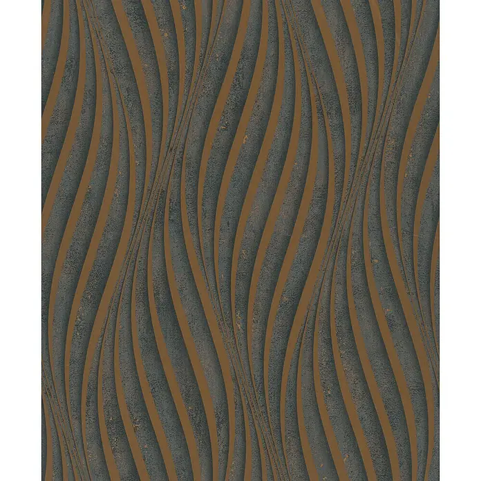 Marburg City Glow Vliestapete Welle - Schwarz-Kupfer, Wellen, 10,05 x 0,53 m - Strukturierte Wellen-Tapete in Dunkelgrau und Bronze mit erhabenen, metallisch wirkenden Linien.