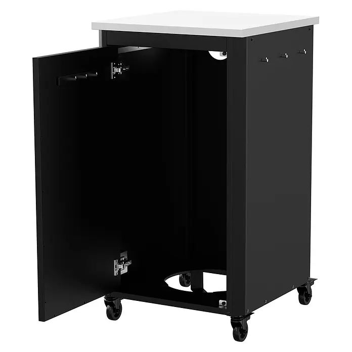 Cozze Outdoorküchen-Modul hoch - Schwarz/Silber, B x T x H: 60 x 60 x 110 cm - Schwarzer Metallschrank mit weißer Platte, offener Tür mit Innenhaken, Seitenhaken und Bodenausschnitt, auf Rollen.