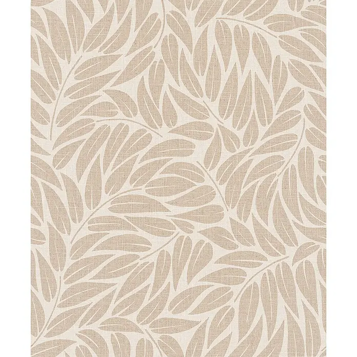 Marburg Boho Vliestapete Floral I - Beige-Braun, Floral, 10,05 x 0,53 m - Helles beiges Pflanzenmuster auf texturiertem, cremefarbenem Stoff.