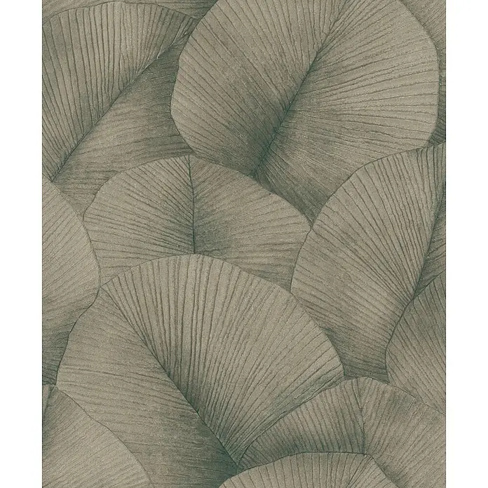 Marburg Kumano Vliestapete Floral - Gold, Floral, 10,05 x 0,53 m - Mattgrünes, überlappendes Blattmuster mit strukturierter Maserung.