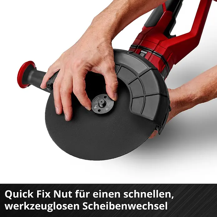 Einhell Professional Power X-Change 18V Akku-Winkelschleifer Axxio 36/230 Q - 18 V, Ohne Akku, Durchmesser Scheibe: 230 mm - Hände bedienen roten und schwarzen Winkelschleifer, zeigen Quick-Fix Mutter für werkzeuglosen Scheibenwechsel.