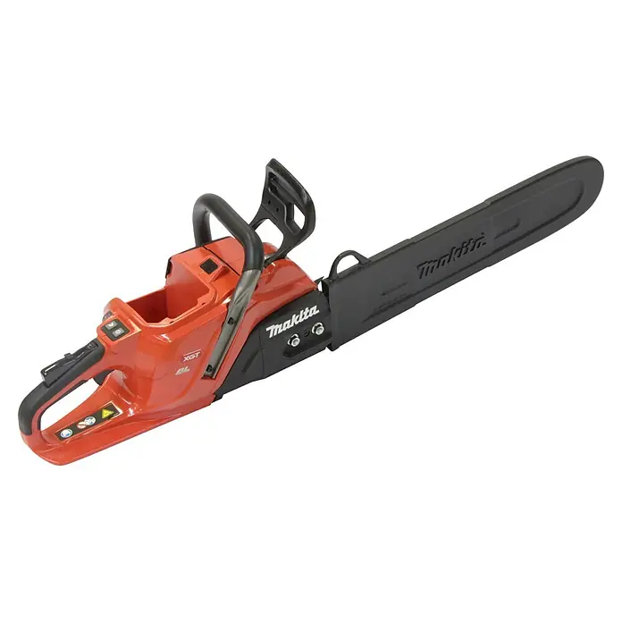 Makita XGT 40V max. Akku-Kettensäge UC030GZ03 - 40 V, Ohne Akku, Schwertlänge: 50 cm - Rote und schwarze Makita XGT Akku-Kettensäge mit Schutzabdeckung.