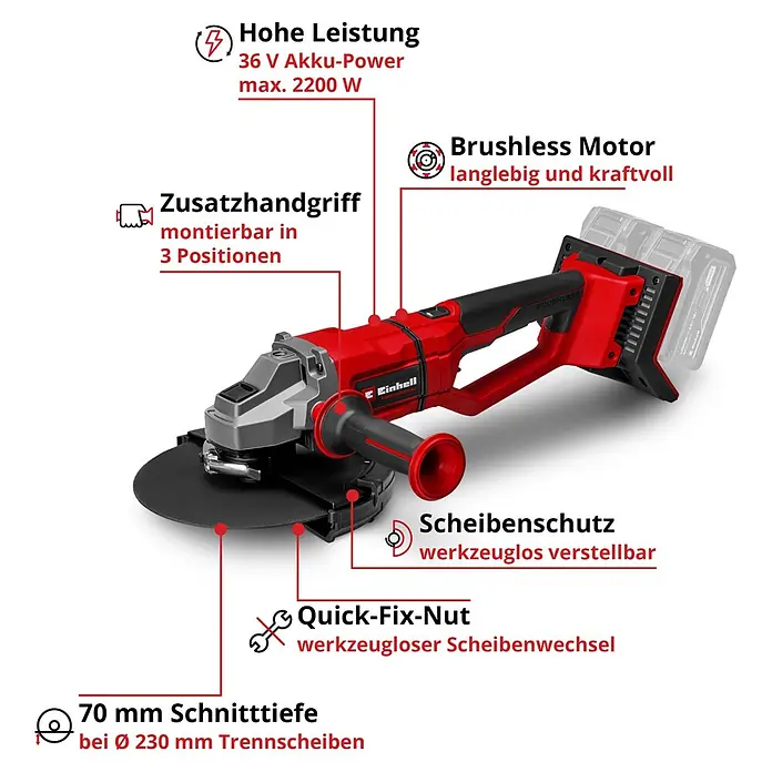 Einhell Professional Power X-Change 18V Akku-Winkelschleifer Axxio 36/230 Q - 18 V, Ohne Akku, Durchmesser Scheibe: 230 mm - Roter, schwarzer Akku-Winkelschleifer mit bürstenlosem Motor und werkzeuglosem Scheibenwechsel.