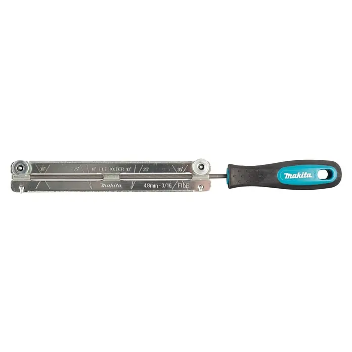 Makita XGT 40V max. Akku-Kettensäge UC030GZ03 - 40 V, Ohne Akku, Schwertlänge: 50 cm - Makita Kettensägen-Feilenhalter mit Metallrahmen, Feile und schwarz/blauem Griff, Winkelmarkierungen (10-35°) und Feilengröße 4.8mm (3/16").