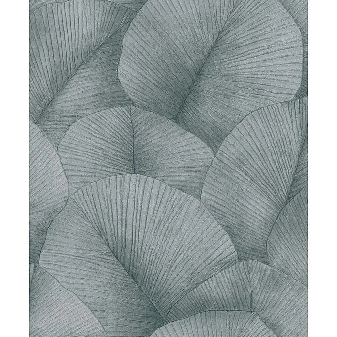 Marburg Kumano Vliestapete Floral - Silber, Floral, 10,05 x 0,53 m - Muster aus überlappenden, texturierten blau-grauen Blättern mit ausgeprägten parallelen Adern.