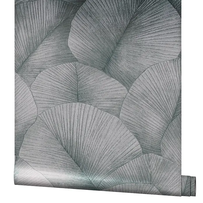 Marburg Kumano Vliestapete Floral - Silber, Floral, 10,05 x 0,53 m - Graue Tapetenrolle mit großem, stilisiertem Blattmuster.