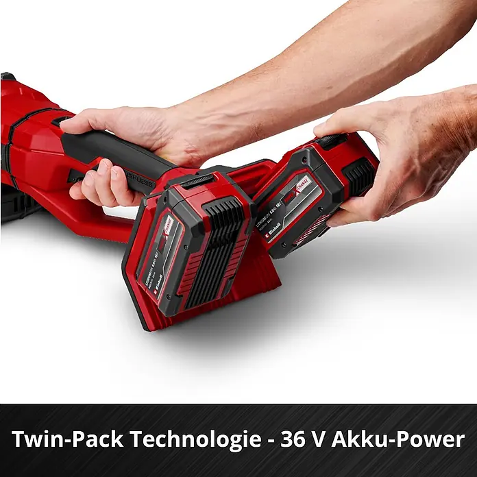 Einhell Professional Power X-Change 18V Akku-Winkelschleifer Axxio 36/230 Q - 18 V, Ohne Akku, Durchmesser Scheibe: 230 mm - Rotes und schwarzes Elektrowerkzeug mit zwei roten und schwarzen Akkus; einer wird eingesetzt. Betont 36V Twin-Pack Akku-Leistung.