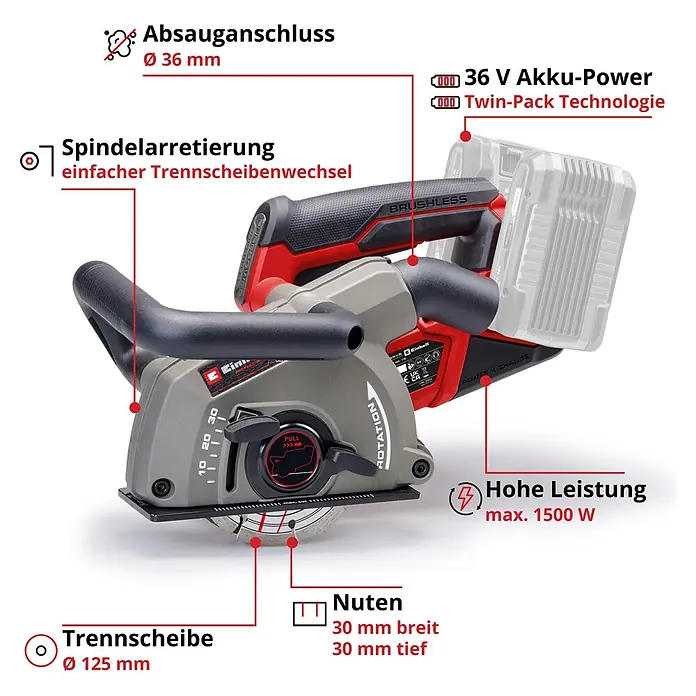 Einhell Professional PXC 18V Akku-Mauernutfräse - 18 V, Ohne Akku, 0 Ah, Durchmesser Schleifscheibe: 125 mm - Akku-Mauernutfräse in Grau, Rot und Schwarz, mit 125-mm-Trennscheibe für Nuten bis 30 mm Breite und Tiefe.