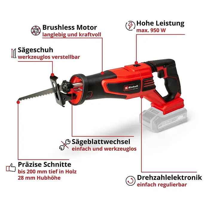 Einhell Professional Power X-Change 18V Akku-Säbelsäge Professional TE-AP 18/28 Li BL - Solo - 18 V, Ohne Akku, Leerlaufhubzahl: 0 /min - 2.500 /min - Rot-schwarze Akku-Säbelsäge mit Sägeblatt, mit werkzeugloser Einstellung und starker Leistung.