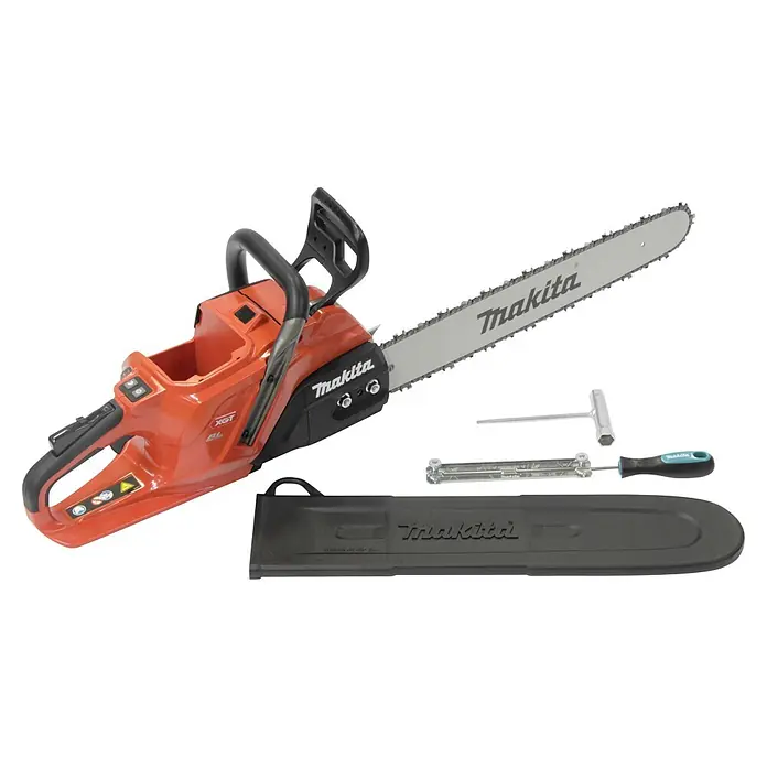Makita XGT 40V max. Akku-Kettensäge UC030GZ03 - 40 V, Ohne Akku, Schwertlänge: 50 cm - Makita Akku-Kettensäge in Orange und Schwarz mit Schwertschutz, Schraubenschlüssel und Feilenhalter.