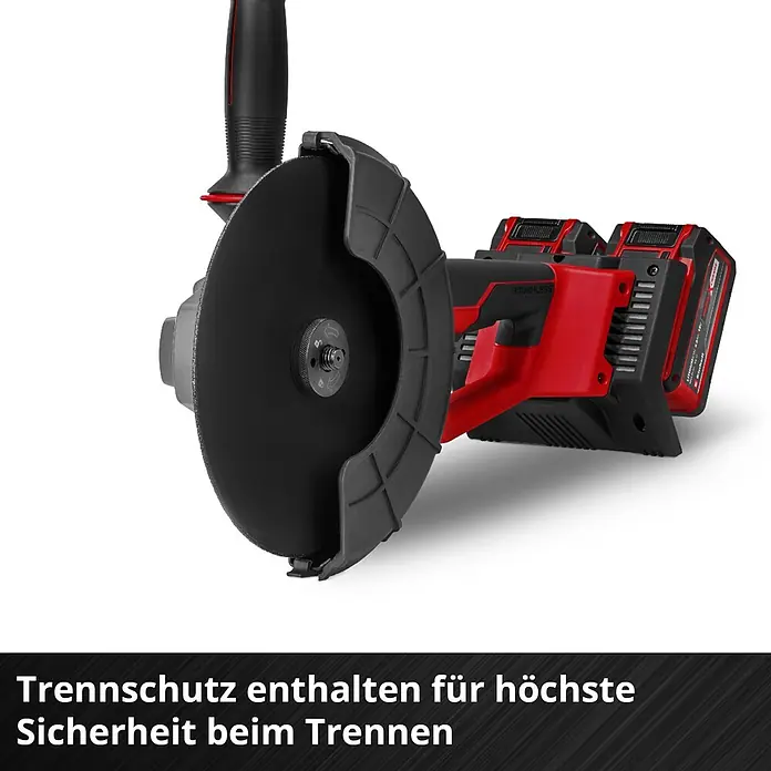 Einhell Professional Power X-Change 18V Akku-Winkelschleifer Axxio 36/230 Q - 18 V, Ohne Akku, Durchmesser Scheibe: 230 mm - Roter und schwarzer Akku-Trennschleifer mit Trennscheibe und Schutzhaube, betrieben von zwei Akkus.