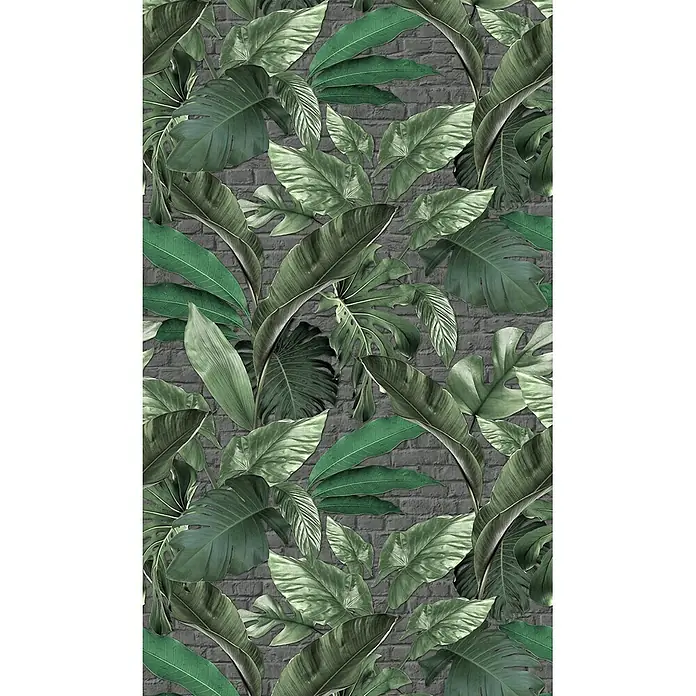 Marburg Loft Superior Fototapete Urban Jungle - B x H: 159 mm x 270 cm, Vlies, Grün-Graphit - Muster aus dunkelgrünen tropischen Blättern auf einer grauen Ziegelwand.