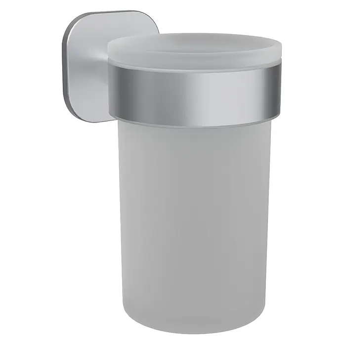 Venus Zahnputzbecher Prag - Edelstahl, Edelstahl - Wandmontierter Zahnbürstenhalter mit mattiertem Glasbecher und gebürsteten silbernen Metallakzenten.