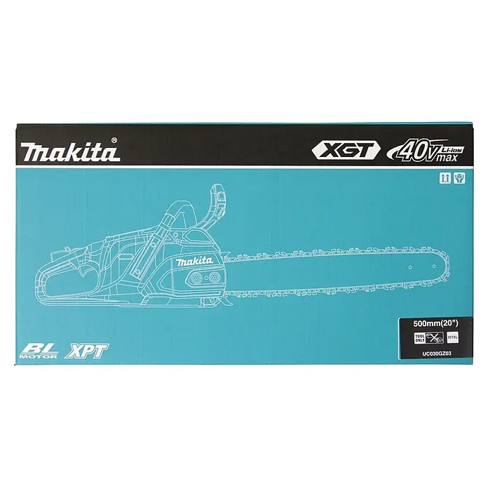 Makita XGT 40V max. Akku-Kettensäge UC030GZ03 - 40 V, Ohne Akku, Schwertlänge: 50 cm - Makita XGT 40Vmax 500mm (20") Kettensäge UC030GZ03, als Umriss auf der Produktverpackung.
