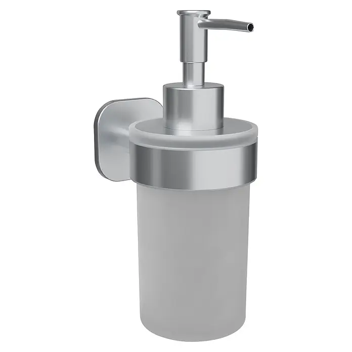 Venus Seifenspender Prag - Edelstahl, Edelstahl - Wandmontierter Seifenspender aus mattiertem Glas mit silbernen Metallakzenten.