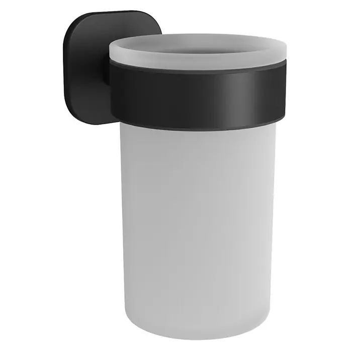 Venus Zahnputzbecher Prag - Edelstahl, Schwarz - Schwarzer wandmontierter Badbecherhalter mit mattweißem Becher.