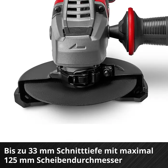 Einhell Professional Power X-Change 18V Akku-Winkelschleifer TP-AG 18/125 CE Q Li - Solo - Ohne Akku, Durchmesser Scheibe: 125 mm, 3.000 U/min - 10.500 U/min - Grauer und schwarzer Winkelschleifer mit rotem Akzent, Schutzvorrichtung und 125 mm Scheibendurchmesser für 33 mm Schnitttiefe.