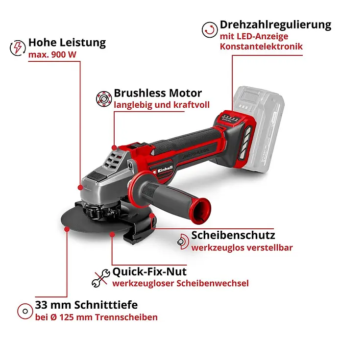 Einhell Professional Power X-Change 18V Akku-Winkelschleifer TP-AG 18/125 CE Q Li - Solo - Ohne Akku, Durchmesser Scheibe: 125 mm, 3.000 U/min - 10.500 U/min - Roter und schwarzer Akku-Winkelschleifer mit Akku und Scheibenschutz.