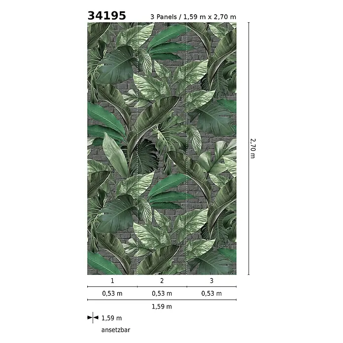 Marburg Loft Superior Fototapete Urban Jungle - B x H: 159 mm x 270 cm, Vlies, Grün-Graphit - Tapetenwandbild mit tropischen Blättern auf dunkler Ziegelsteinwand, bestehend aus drei Bahnen.
