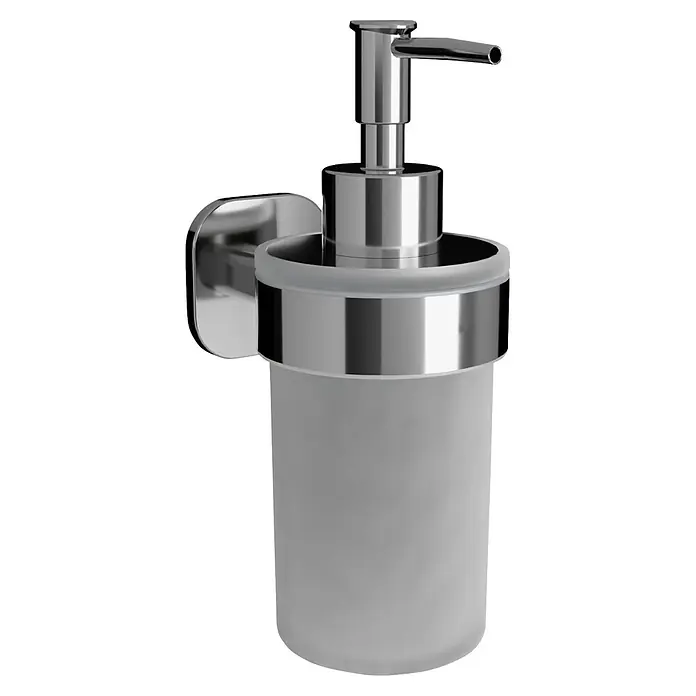 Venus Seifenspender Prag - Edelstahl, Chrom - Wandmontierter Seifenspender mit Chrompumpe und Halterung, inklusive mattiertem Glasbehälter.