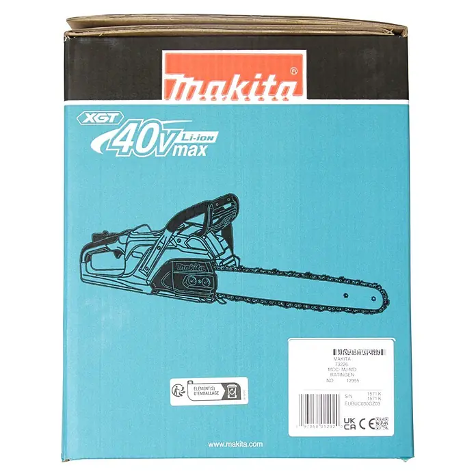 Makita XGT 40V max. Akku-Kettensäge UC030GZ03 - 40 V, Ohne Akku, Schwertlänge: 50 cm - Makita 40V XGT Li-ion Kettensägen-Verpackung, blau-schwarz, mit einer Umrisszeichnung der Säge.