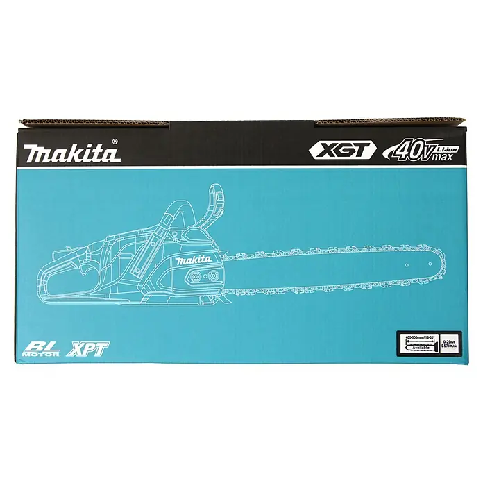 Makita XGT 40V max. Akku-Kettensäge UC030GZ03 - 40 V, Ohne Akku, Schwertlänge: 50 cm - Makita 40V Li-Ion Kettensägenkarton, blau mit schwarzer Oberseite, mit weißer Kontur der Kettensäge und Spezifikationen.