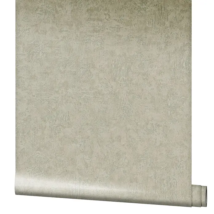 Marburg Kumano Vliestapete Struktur I - Grün-Braun, Sonstiges, 10,05 x 0,53 m - Teilweise abgerollte Tapetenrolle in strukturiertem Grau-Beige mit abstraktem Muster.