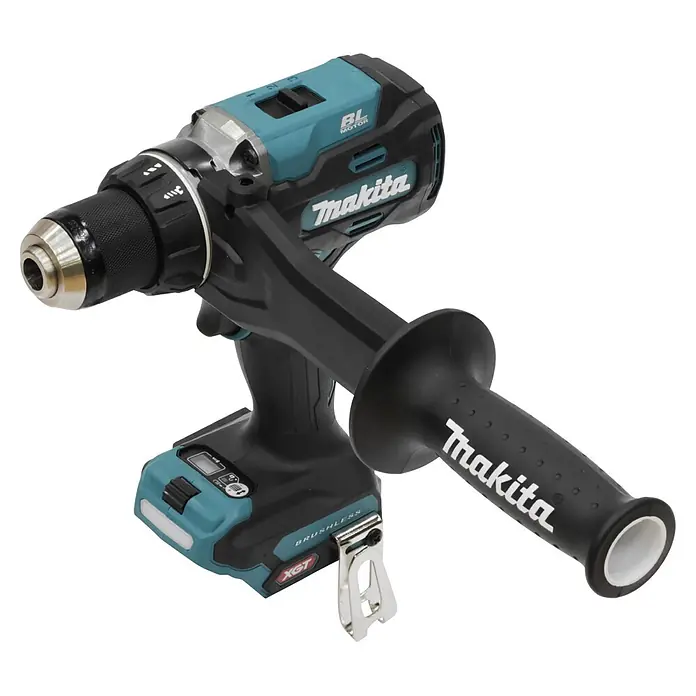 Makita XGT 40V max. Akku-Bohrschrauber DF003G - 40 V, Ohne Akku, 150 Nm - Makita Akku-Bohrhammer in Schwarz und Türkis, mit silbernem Bohrfutter und Zusatzhandgriff.