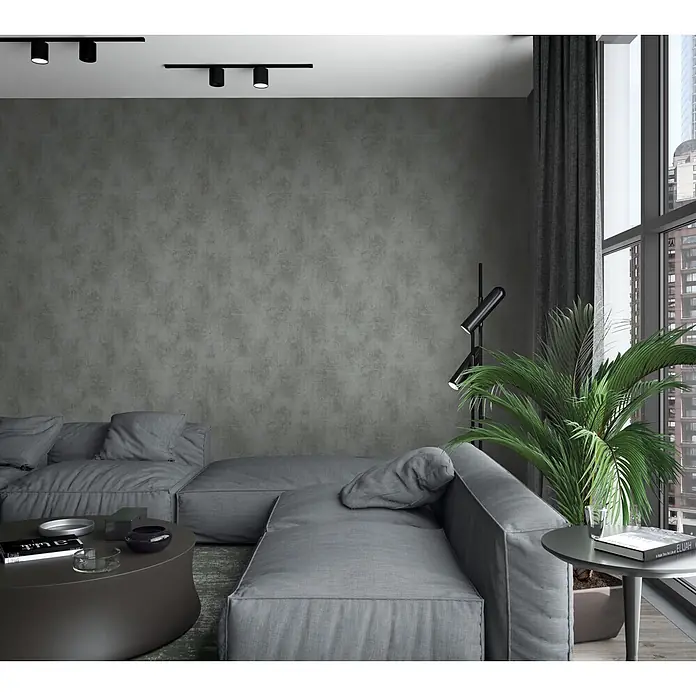 Marburg Loft Superior Vliestapete Struktur I - Anthrazit, Sonstiges, 10,05 x 0,53 m - Geräumiges graues Stoff-Ecksofa mit weichen Kissen in einem modernen Wohnzimmer.