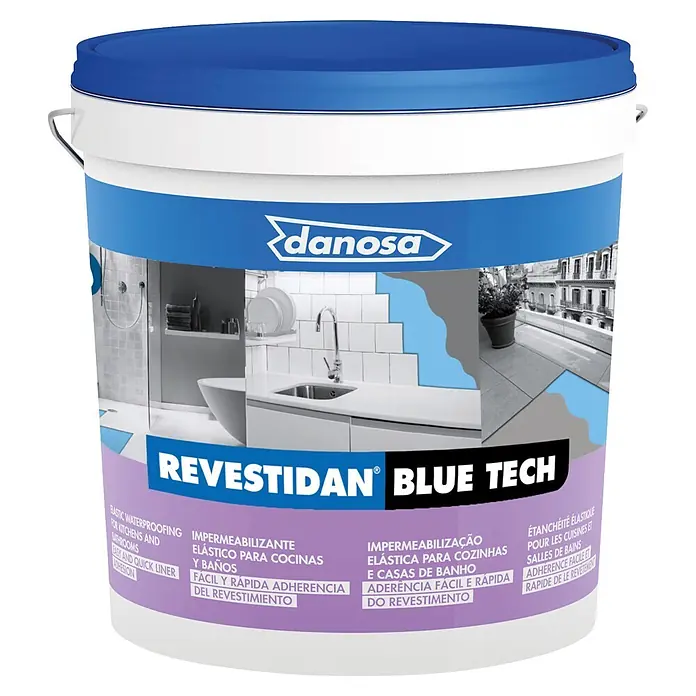 Danosa Impermeabilizante Revestidan Indoor - Azul, 5 kg - Cubo azul y blanco Danosa REVESTIDAN BLUE TECH de compuesto impermeabilizante elástico para cocinas y baños.
