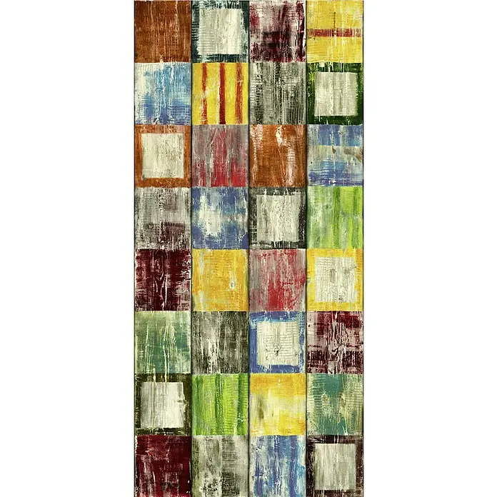 D-c-fix Patchwork-Klebefolie Meterware Bahia - Breite: 45 cm, Bunt, Selbstklebend - Abstraktes Kunstwerk mit bunten Quadraten und strukturierten Oberflächen, das lebendige Farben und einzigartige Texturen präsentiert.