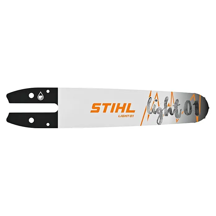 Stihl Führungsschiene - Passend für: Stihl Akku-Gehölzschneider GTA 30 und STIHL GTA 40 - Metall-Kettensägenführungsschiene mit schwarzem Sockel, weißem Körper, orangefarbenem STIHL-Logo und 'Light 01'-Schriftzug.