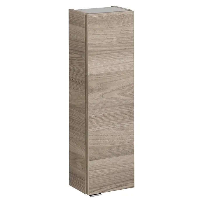 Fackelmann Luxor Bad-Hängeschrank - B x T x H: 200 x 158 x 680 mm, Steinesche Holzoptik, DIN Anschlag: Rechts - Hoher, schmaler Schrank mit heller, grauer Holzmaserung. Er hat eine helle Oberseite und dezente Metallfüße.