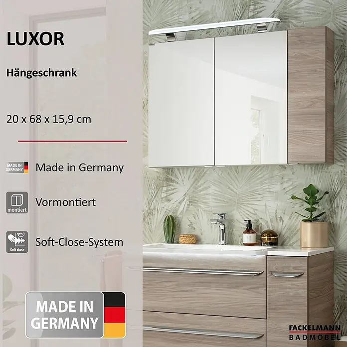 Fackelmann Luxor Bad-Hängeschrank - B x T x H: 200 x 158 x 680 mm, Steinesche Holzoptik, DIN Anschlag: Rechts - Holzfarbener Spiegelschrank mit Beleuchtung über einem passenden Waschbeckenunterschrank in einem Badezimmer.