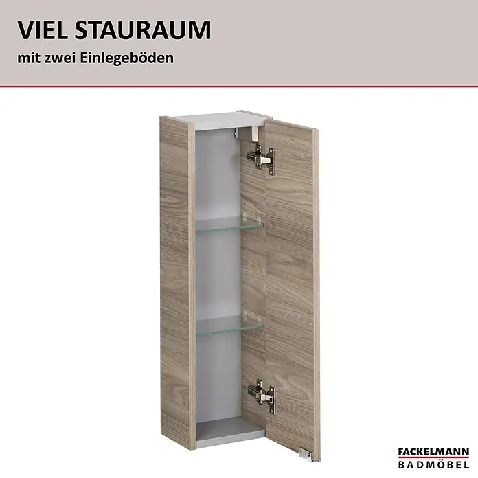 Fackelmann Luxor Bad-Hängeschrank - B x T x H: 200 x 158 x 680 mm, Steinesche Holzoptik, DIN Anschlag: Rechts - Bad-Wandschrank in Holzoptik, offene Tür zeigt zwei transparente Glasböden.