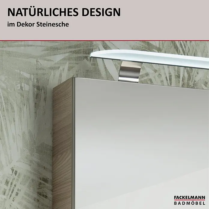 Fackelmann Luxor Spiegelschrank - B x H: 800 x 680 mm, Steinesche Holzoptik - Steinesche-Badschrank mit hellgrauer Front und integrierter LED-Spiegelleuchte, vor gemusterter Wand.