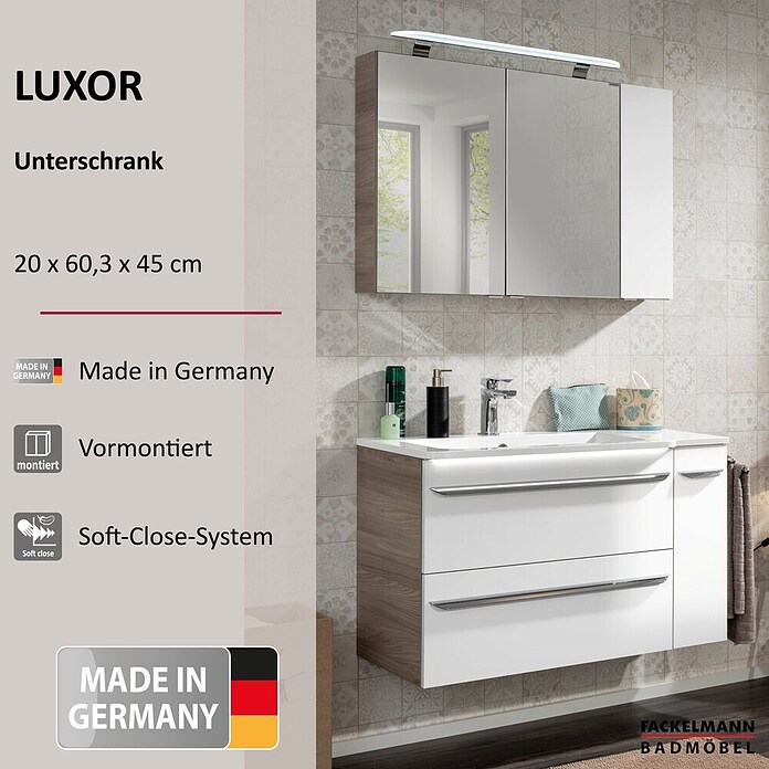 Fackelmann Luxor Unterschrank (B x T x H: 200 x 450 x 603 mm, Steinesche Holzoptik / Weiß, Anschlag: Rechts) | BAUHAUS