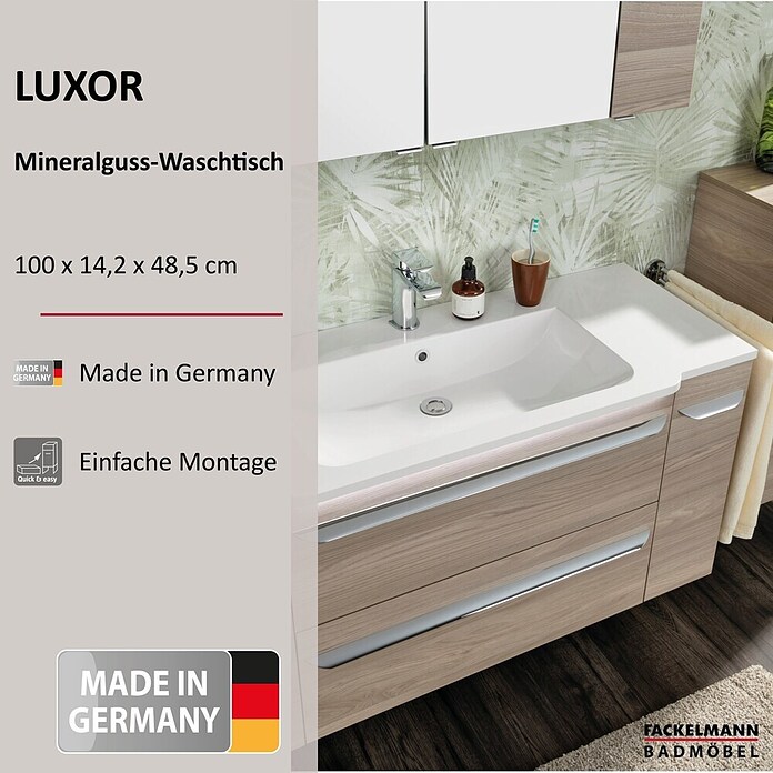 Fackelmann Luxor Waschtisch (Ablage rechts, 1 000 x 485 mm, Hahnloch: Mitte, Mit Überlauf) | BAUHAUS