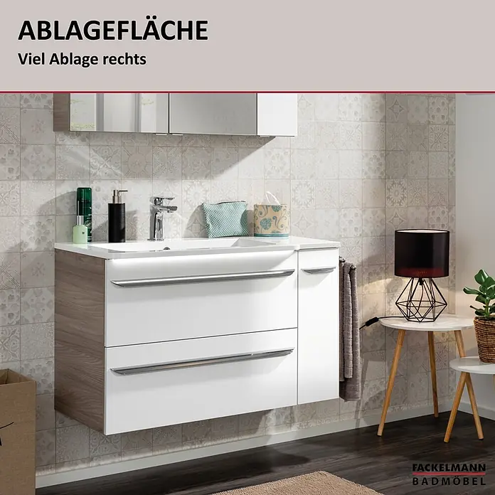 Fackelmann Luxor Waschtisch - Ablage rechts - Moderner Waschtischunterschrank mit weißem Waschbecken, zwei Schubladen, einem Beistellschrank und Holzdekor-Akzent, bietet viel Stauraum.