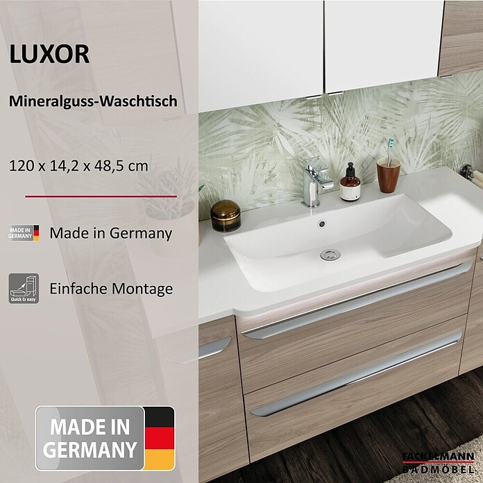 Fackelmann Luxor Waschtisch (Ablage links & rechts, 1 200 x 485 mm, Hahnloch: Mitte, Mit Überlauf) | BAUHAUS